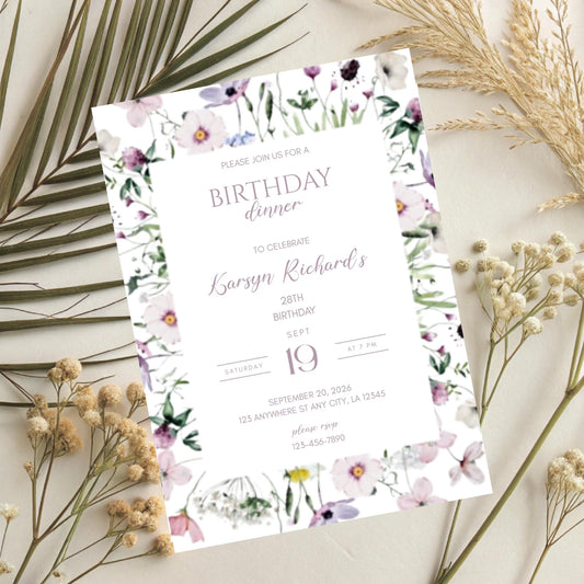 Floral Birthday Dinner Invitation - Spring Garden Party Canva Template - Digital Download
