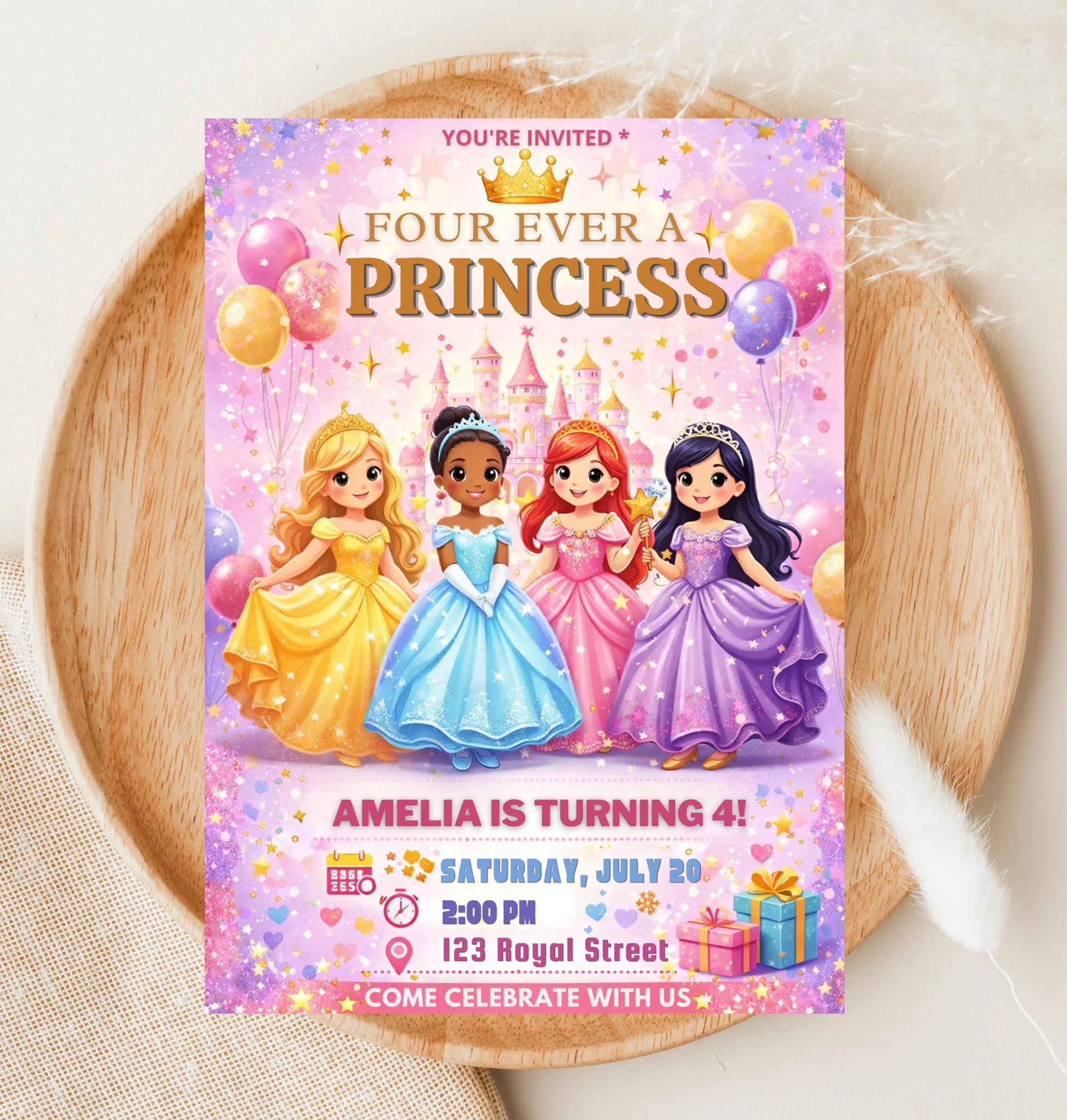 Four Ever Princess Birthday Invitation - 4th Birthday Watercolor Party Invite Canva Template - Digital Download