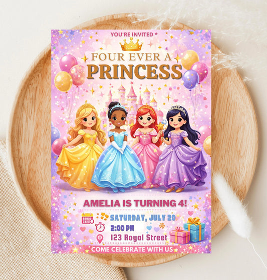 Four Ever Princess Birthday Invitation - 4th Birthday Watercolor Party Invite Canva Template - Digital Download