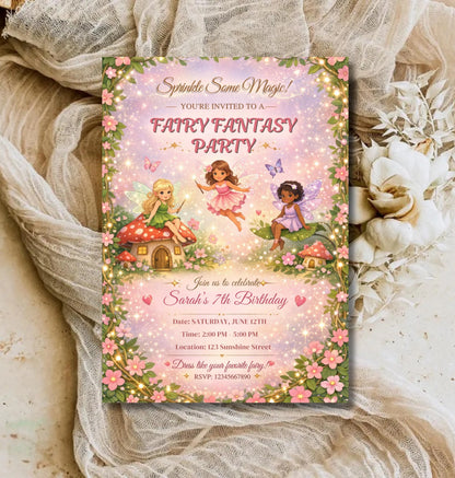 Fairy Birthday Invitation - Enchanted Garden Fantasy Party Invite Editable Canva Template - Digital Download