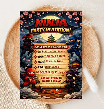 Ninja Warrior Birthday Invitation Template, Ninja Party Invite Printable, Editable in Canva, Digital Download
