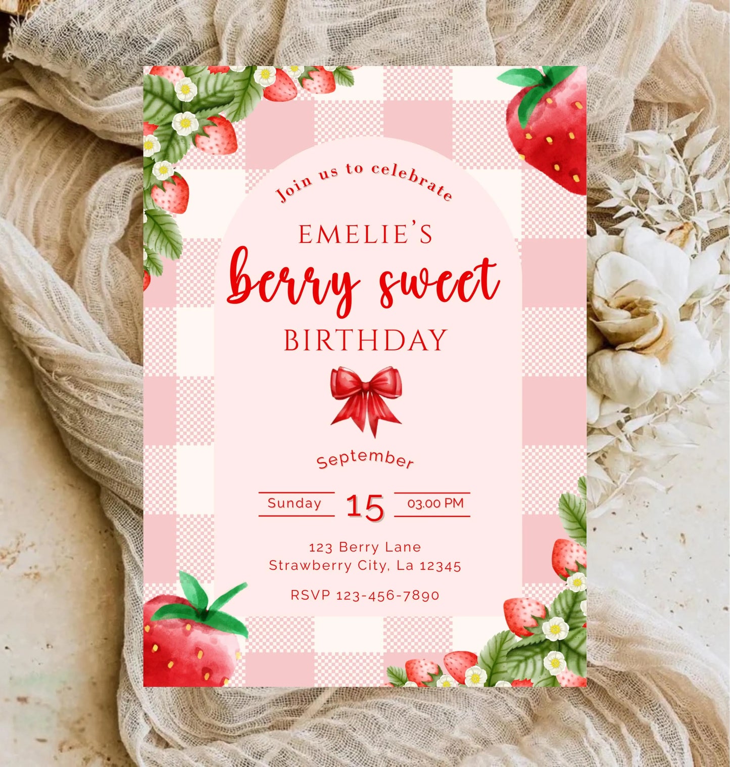 Berry Sweet Birthday Invitation | Strawberry Party Theme Invite | Editable Canva Template | Digital Download