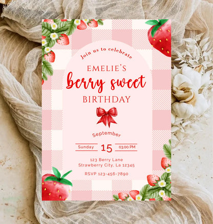 Berry Sweet Birthday Invitation | Strawberry Party Theme Invite | Editable Canva Template | Digital Download