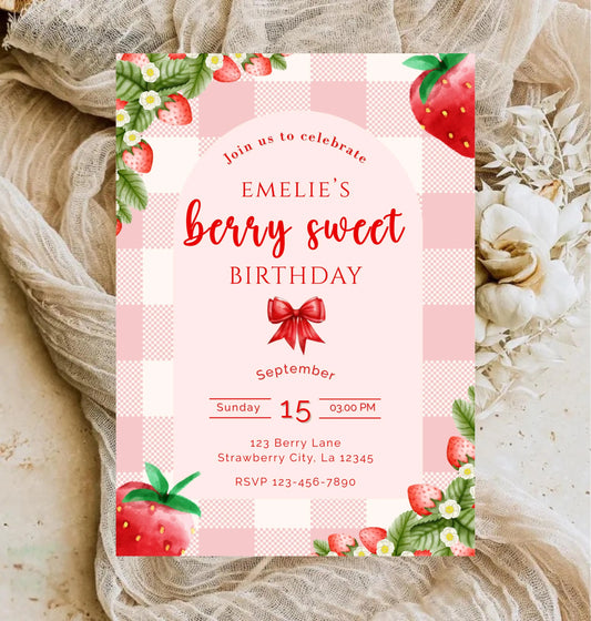 Berry Sweet Birthday Invitation | Strawberry Party Theme Invite | Editable Canva Template | Digital Download