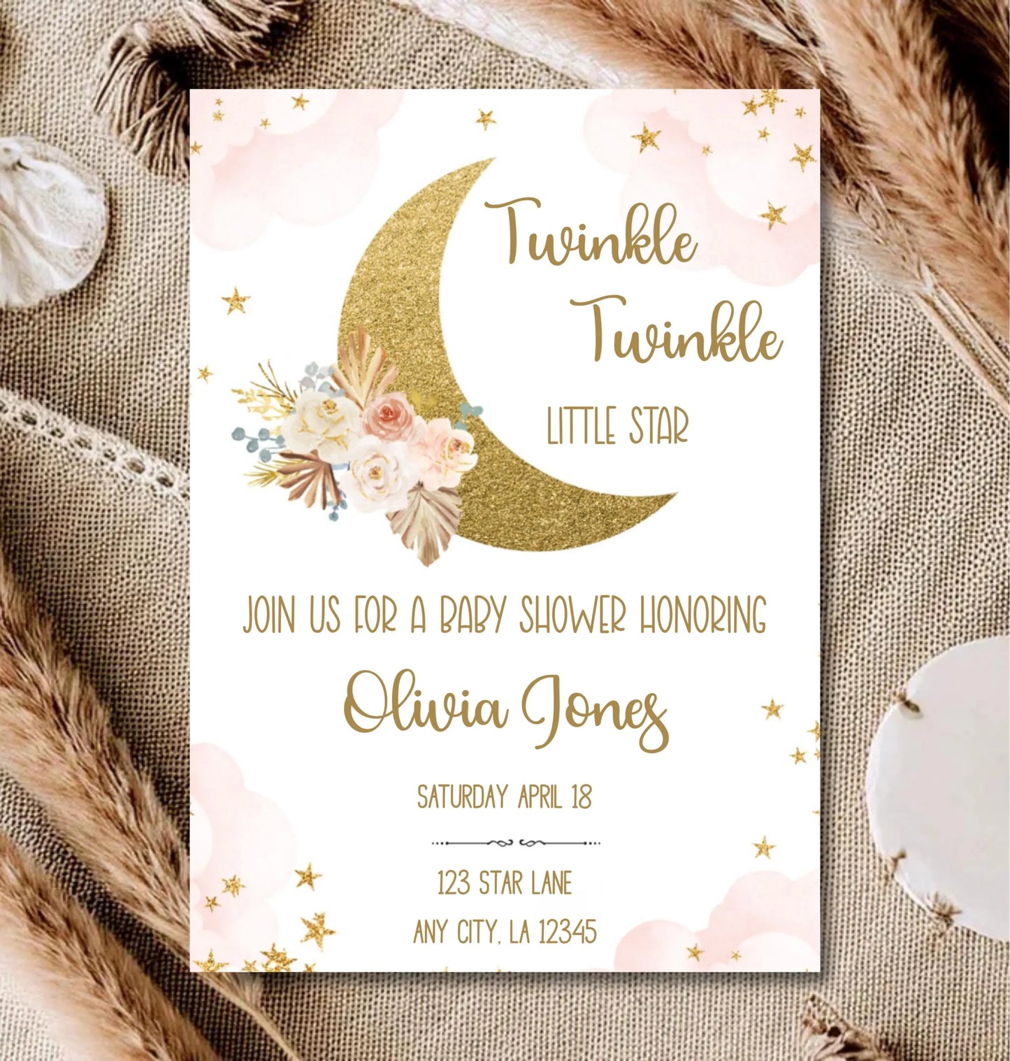 Twinkle Little Star Baby Shower Invitation - Pink Gold Editable Canva Template - Digital Download