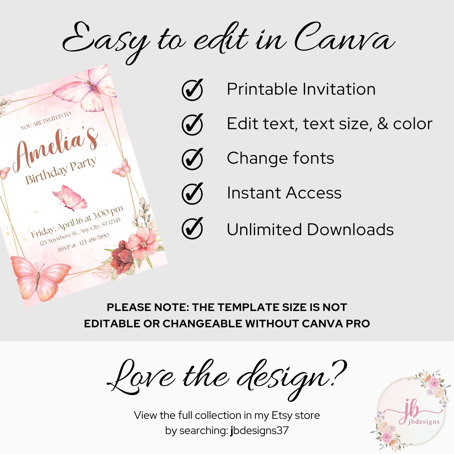 Watercolor Butterfly Birthday Invitation, Editable Pink Pastel Canva Template, Digital Download.