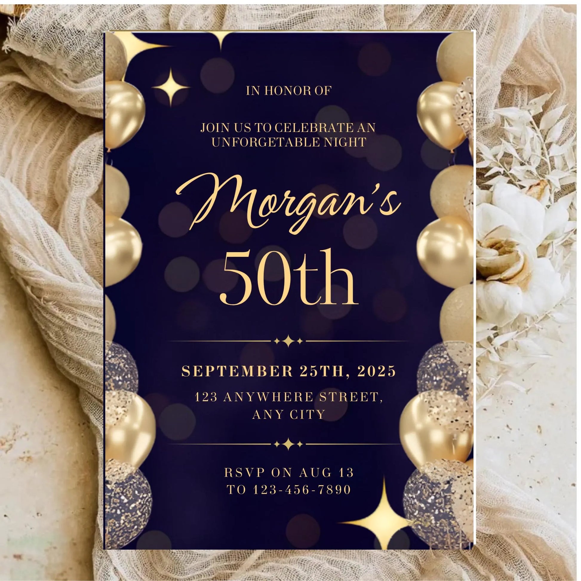 50th Birthday Invitation, Gold Balloons, Editable Party Invite, Canva Template, Digital Download.