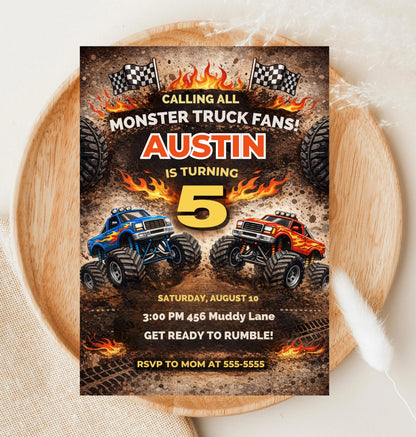 Monster Truck Birthday Invitation | Racing Birthday Editable Canva Template | Digital Download