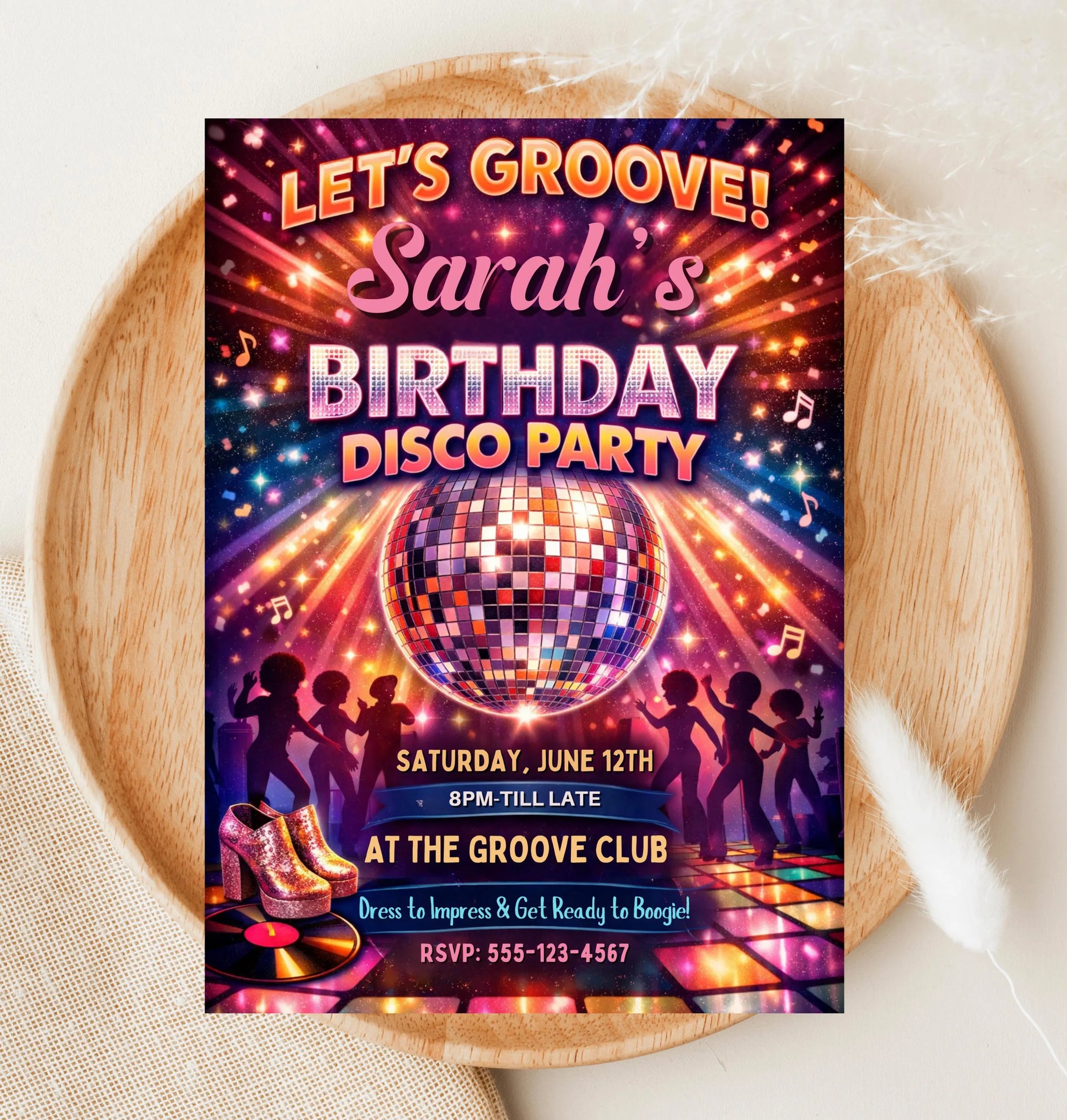 Disco Party Birthday Invitation - Retro 70s Glam Party Invite Editable Canva Template - Digital Download