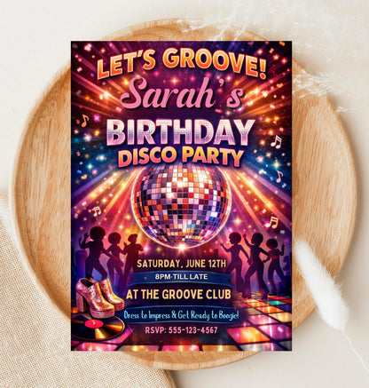 Disco Party Birthday Invitation - Retro 70s Glam Party Invite Editable Canva Template - Digital Download