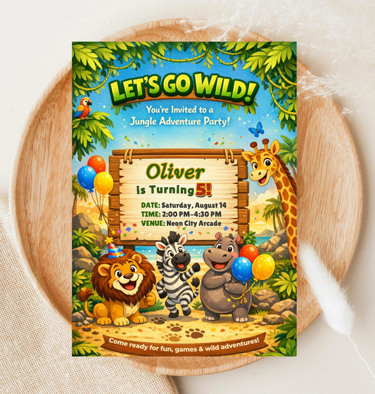 Jungle Adventure Birthday Invitation | Safari Animal Kids Party Invite | Editable Canva Template | Digital Download
