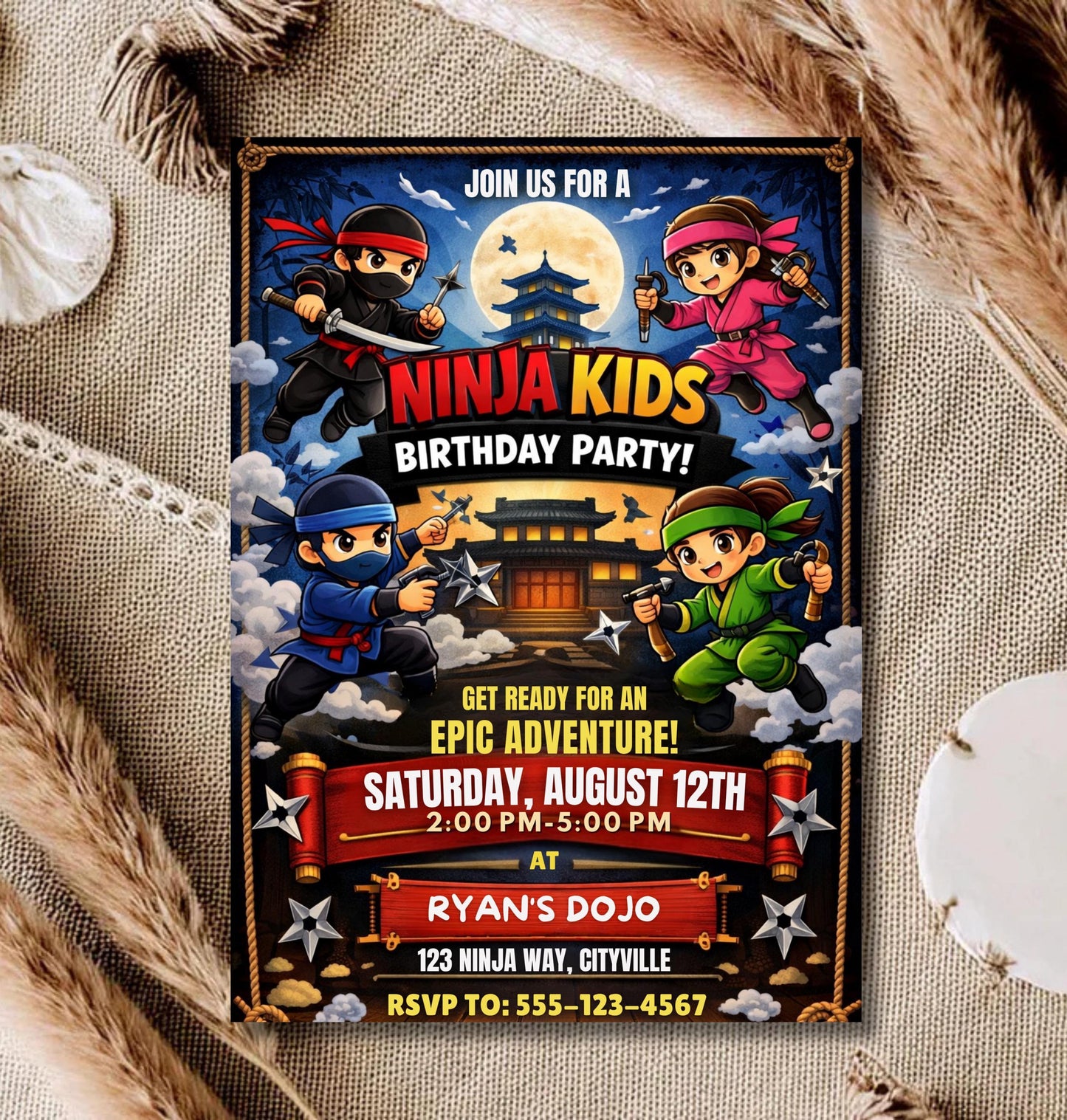 Ninja Birthday Invitation - Kids Warrior Party Invite Editable Canva Template - Digital Download