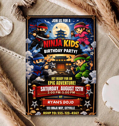 Ninja Birthday Invitation - Kids Warrior Party Invite Editable Canva Template - Digital Download