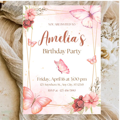 Watercolor Butterfly Birthday Invitation, Editable Pink Pastel Canva Template, Digital Download.