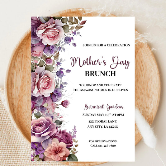 Floral Mother's Day Brunch Invitation, Moms and Mimosas Invite, Editable Template (Digital Download)