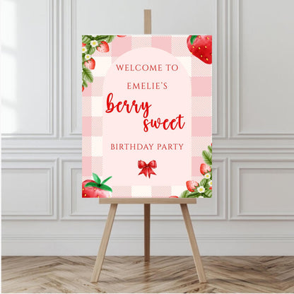 Berry Sweet Birthday Welcome Sign | Strawberry Party Poster | 16x20 Editable Canva Template | Digital Download