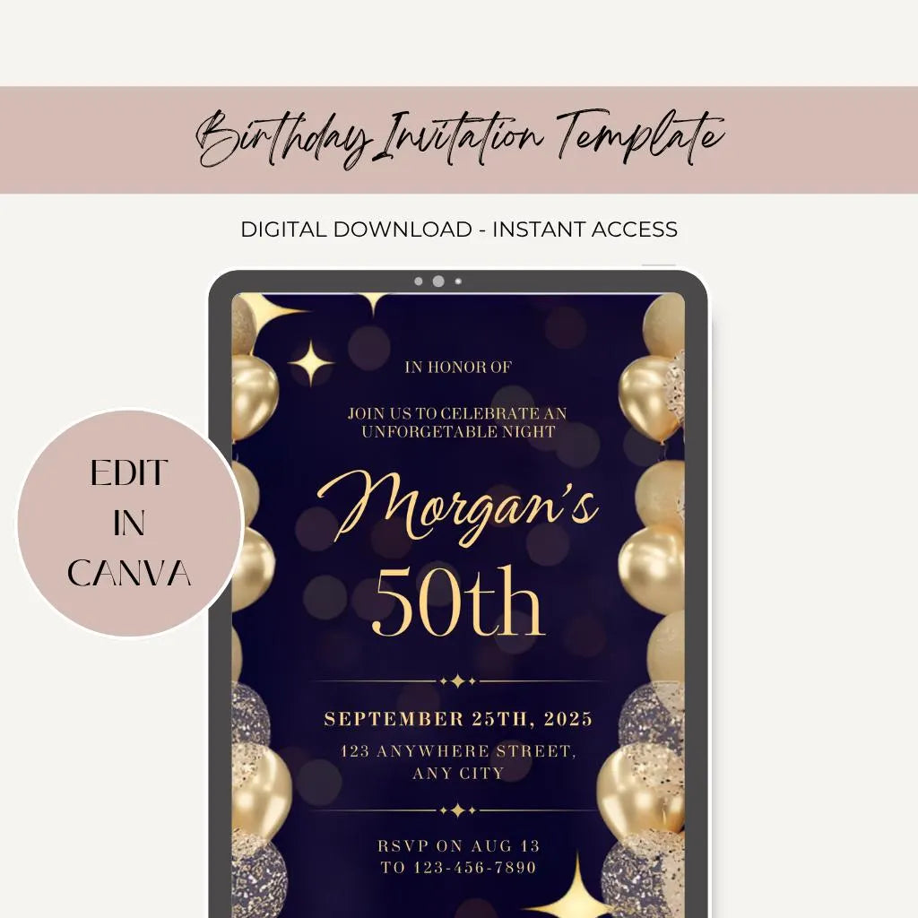 50th Birthday Invitation, Gold Balloons, Editable Party Invite, Canva Template, Digital Download.