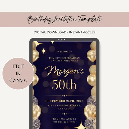 50th Birthday Invitation, Gold Balloons, Editable Party Invite, Canva Template, Digital Download.