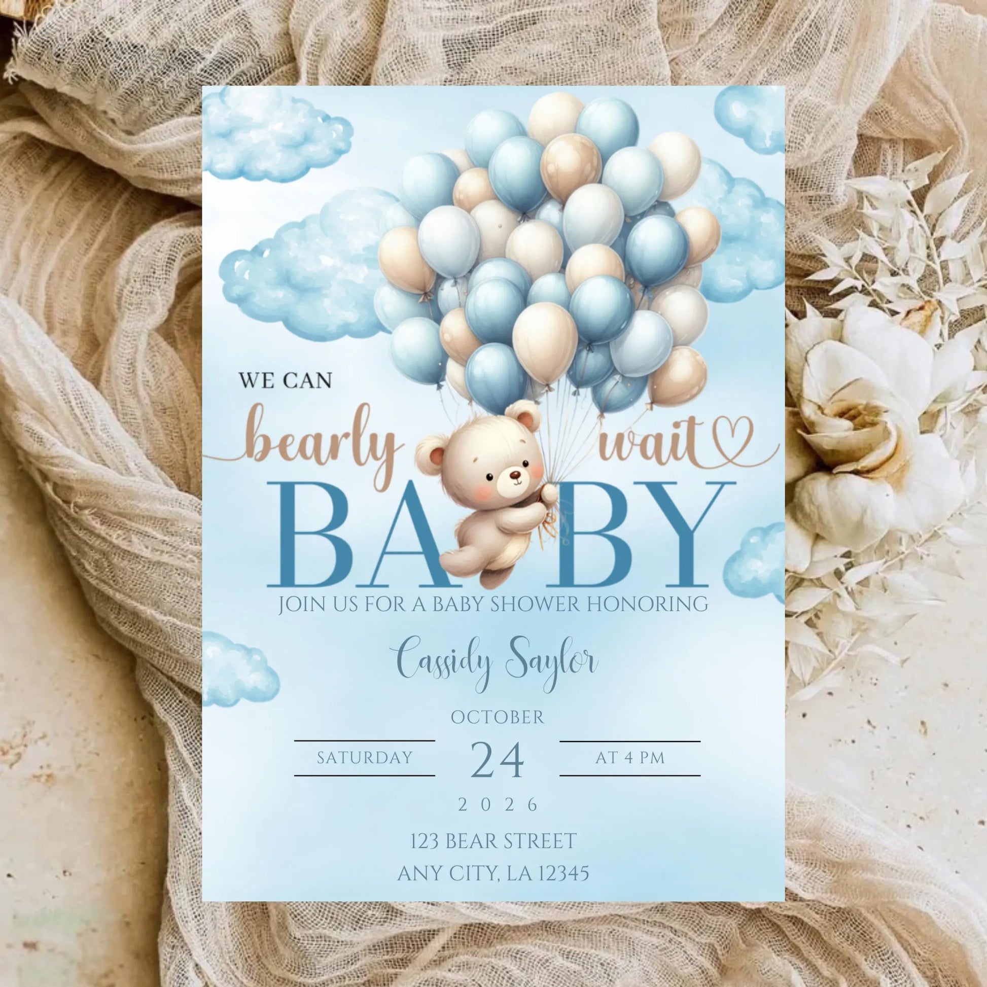 Bear Balloon Baby Shower Invitation | Blue Teddy Bear Editable Canva Invite Template (Digital Download)