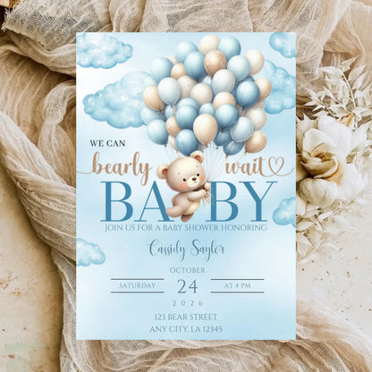 Bear Balloon Baby Shower Invitation | Blue Teddy Bear Editable Canva Invite Template (Digital Download)