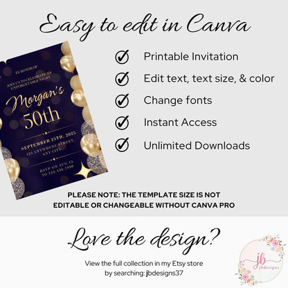 50th Birthday Invitation, Gold Balloons, Editable Party Invite, Canva Template, Digital Download.