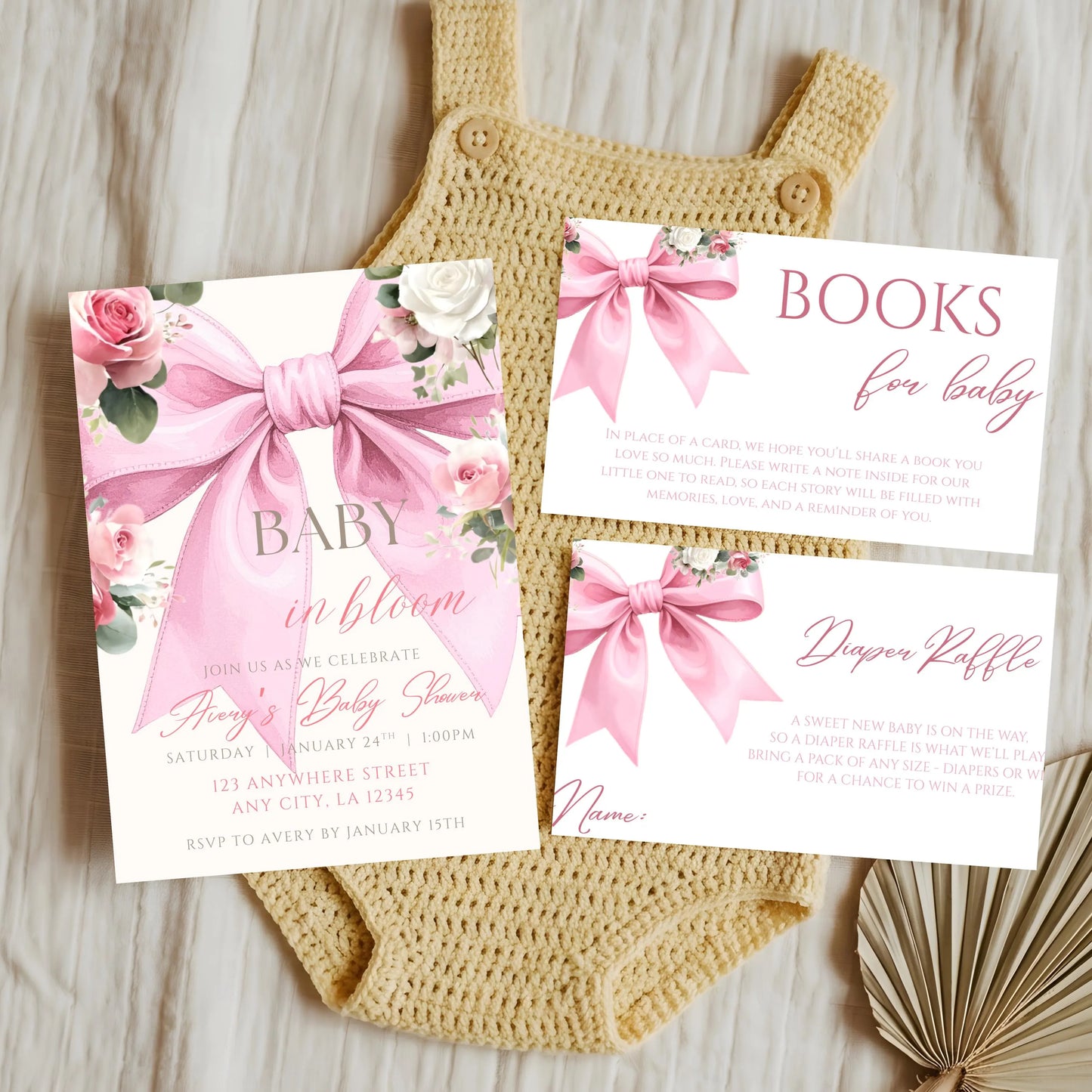 Pink Floral Baby Shower Invitation Suite | Books for Baby & Diaper Raffle Cards | Digital Download
