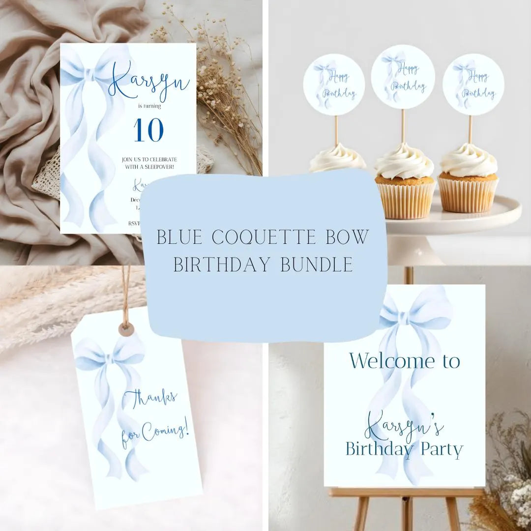 Coquette Blue Bow Birthday Party Bundle, Editable Invitation, Welcome Sign (Digital Download).