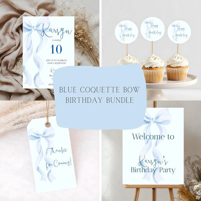 Coquette Blue Bow Birthday Party Bundle, Editable Invitation, Welcome Sign (Digital Download).