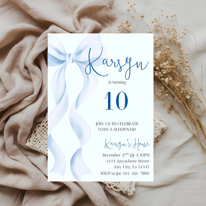Coquette Blue Bow Birthday Party Bundle, Editable Invitation, Welcome Sign (Digital Download).