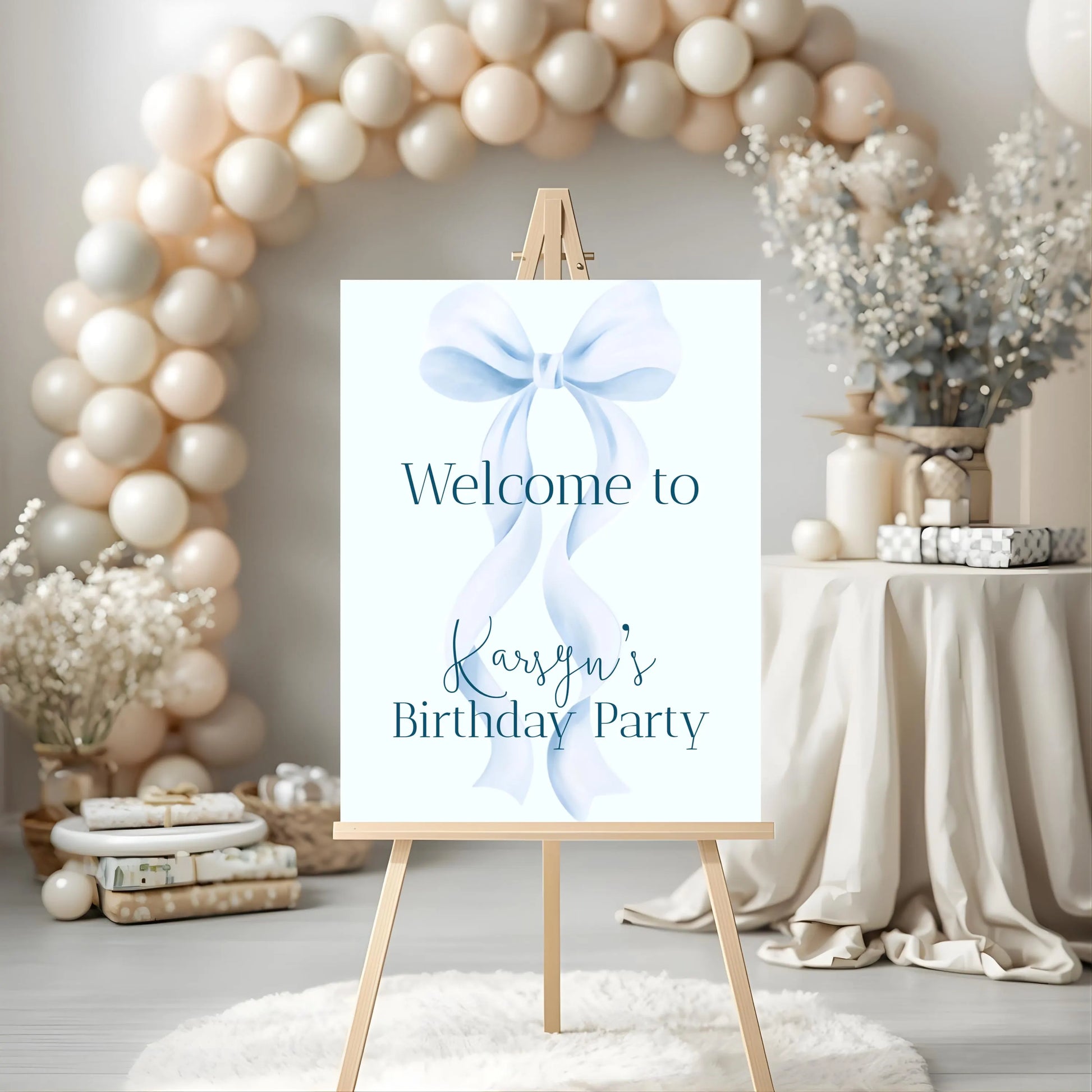 Coquette Blue Bow Birthday Party Bundle, Editable Invitation, Welcome Sign (Digital Download).