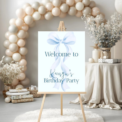 Coquette Blue Bow Birthday Party Bundle, Editable Invitation, Welcome Sign (Digital Download).