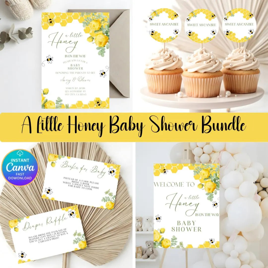 Honey Bee Baby Shower Bundle - Editable Invitation Diaper Raffle Welcome Sign Cupcake Toppers - Digital Download