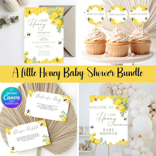 Honey Bee Baby Shower Bundle - Editable Invitation Diaper Raffle Welcome Sign Cupcake Toppers - Digital Download