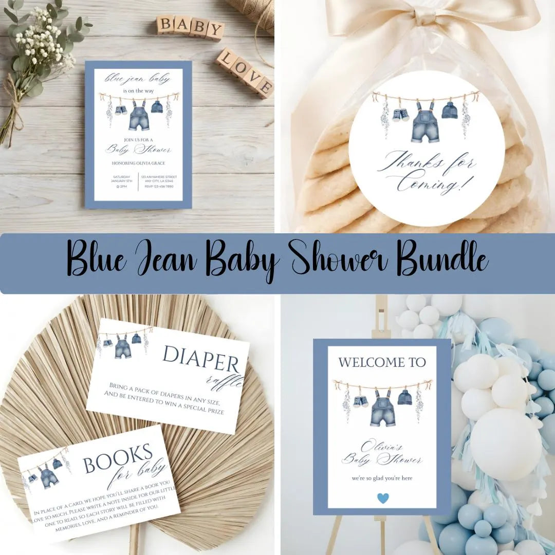 Blue Jean Baby Shower Invitation Bundle | Editable Denim Theme Invitation Set & Inserts | Instant Digital Download