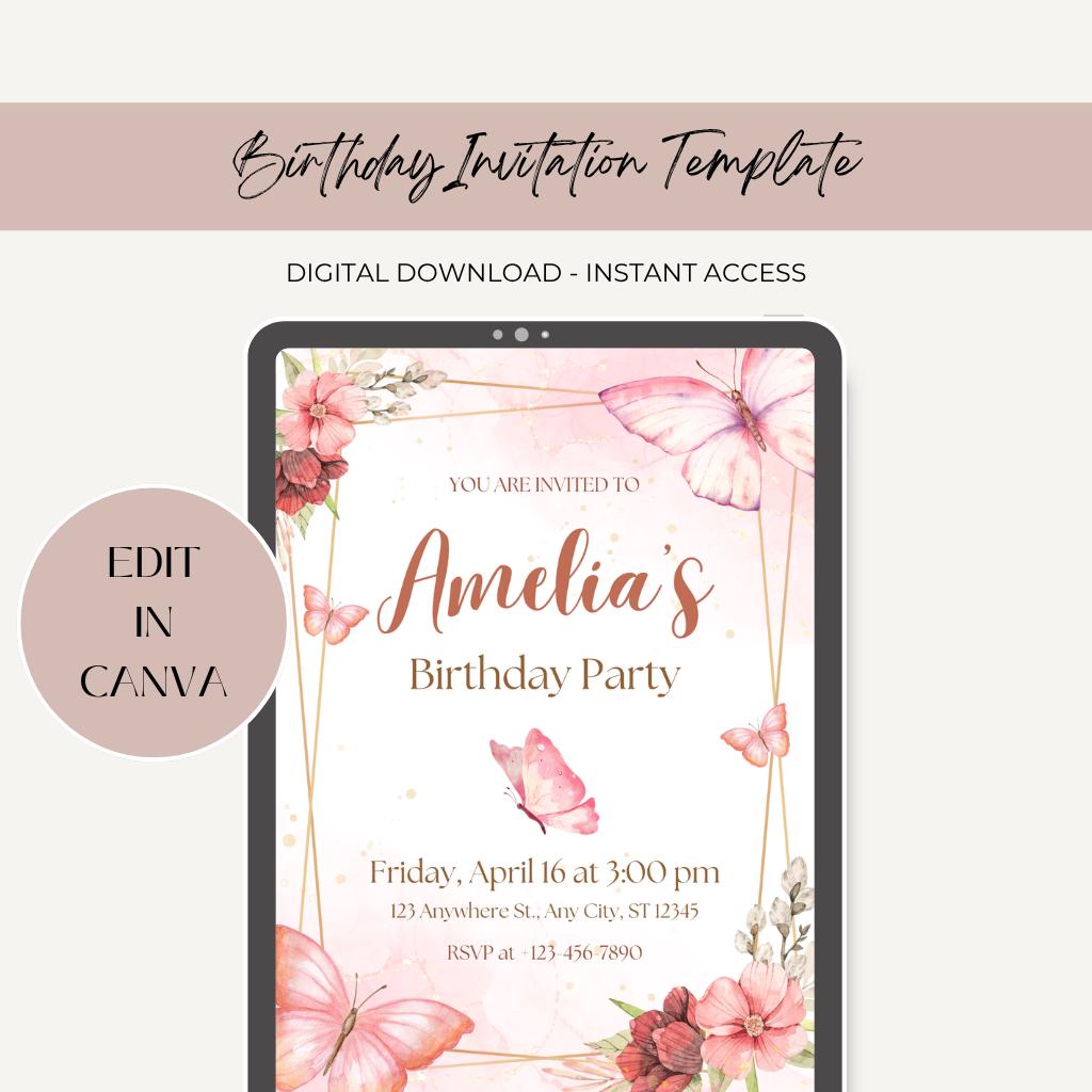 Watercolor Butterfly Birthday Invitation, Editable Pink Pastel Canva Template, Digital Download.
