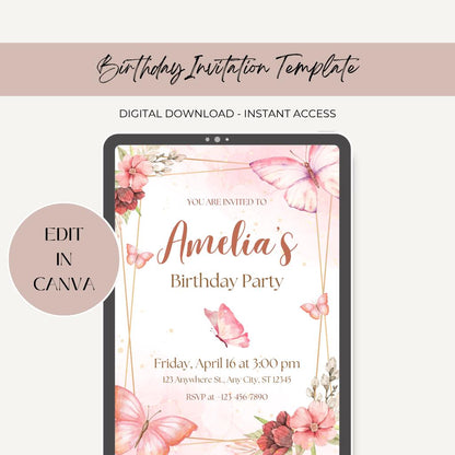 Watercolor Butterfly Birthday Invitation, Editable Pink Pastel Canva Template, Digital Download.