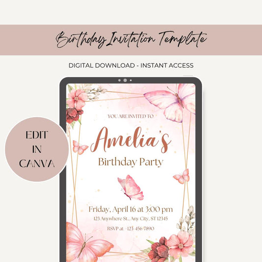 Watercolor Butterfly Birthday Invitation, Editable Pink Pastel Canva Template, Digital Download.