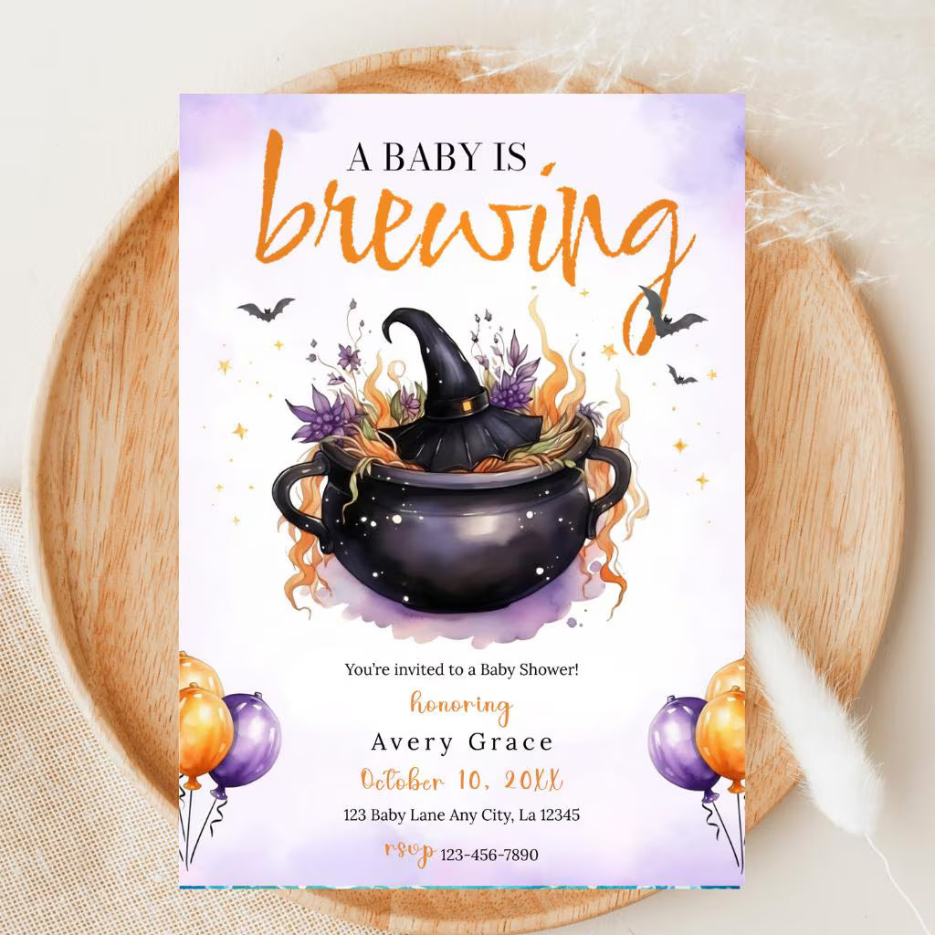 Halloween Baby Shower Invitation | Witch Spooky Pumpkin | Purple Orange Editable Canva Template | Digital Download